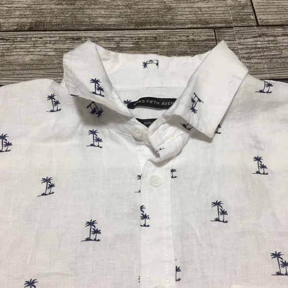 Saks Fifth Avenue 100% Linen Palm Tree Floral Button Up Shirt Men’s L White Blue - Picture 7 of 8